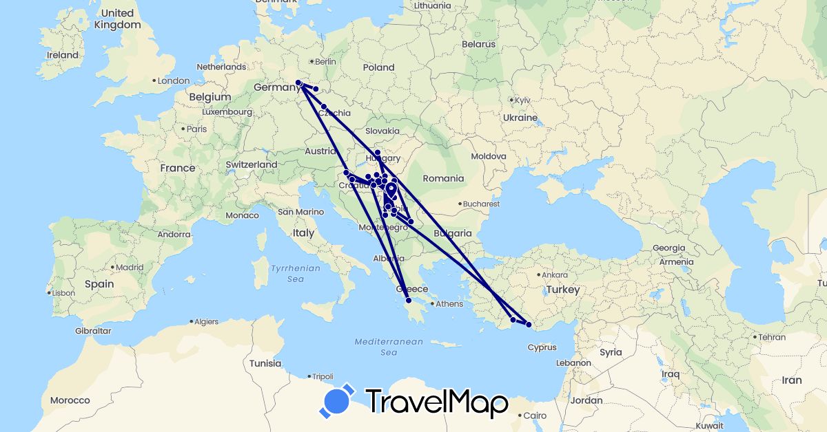 TravelMap itinerary: driving in Czech Republic, Germany, Greece, Croatia, Hungary, Serbia, Turkey (Asia, Europe)