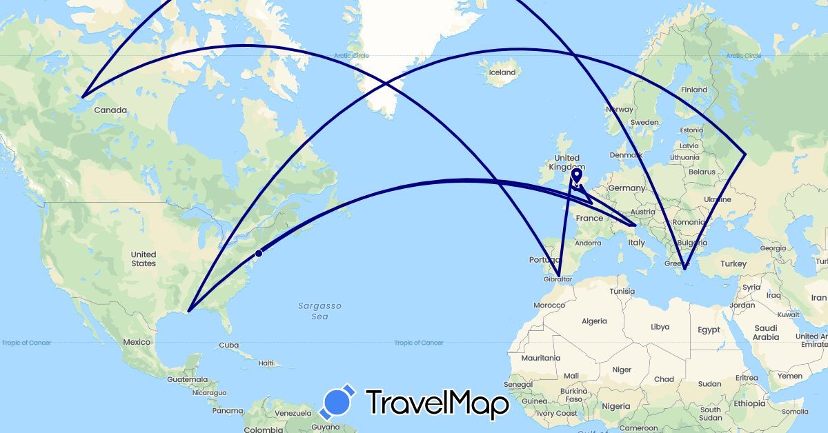 TravelMap itinerary: driving in Australia, Canada, Spain, France, United Kingdom, Greece, Italy, Russia, United States (Europe, North America, Oceania)